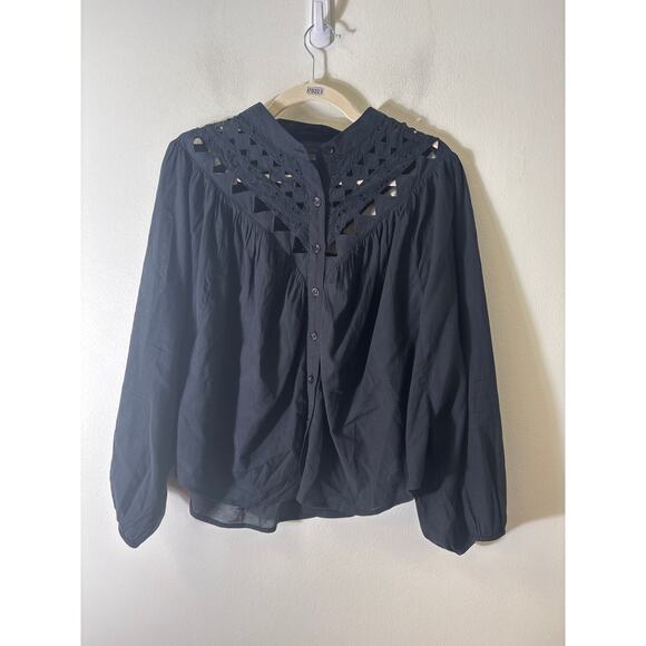 MOTHER Tops - Mother Black Long Puff Sleeve Button Up Cropped Shirt Sz M